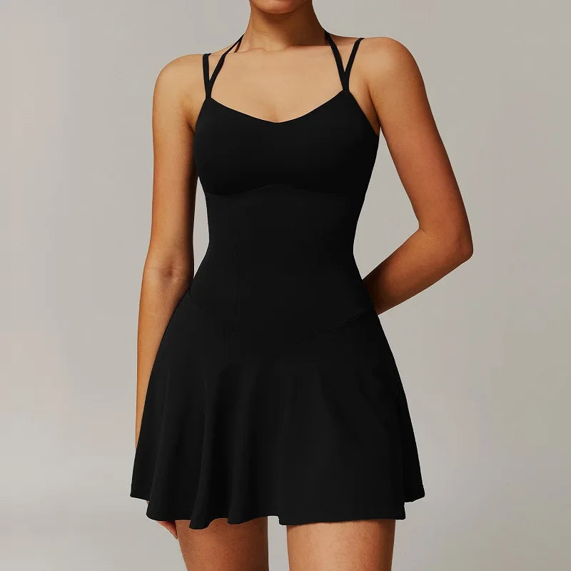 Womens Quick-Dry Sports Dresses Built Bra Sleeveless Backless Tennis Dress Ladies Workout Golf Skirts Athletic Skorts with Short