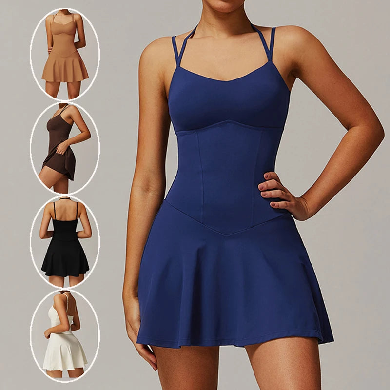 Womens Quick-Dry Sports Dresses Built Bra Sleeveless Backless Tennis Dress Ladies Workout Golf Skirts Athletic Skorts with Short