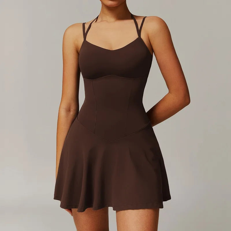 Womens Quick-Dry Sports Dresses Built Bra Sleeveless Backless Tennis Dress Ladies Workout Golf Skirts Athletic Skorts with Short