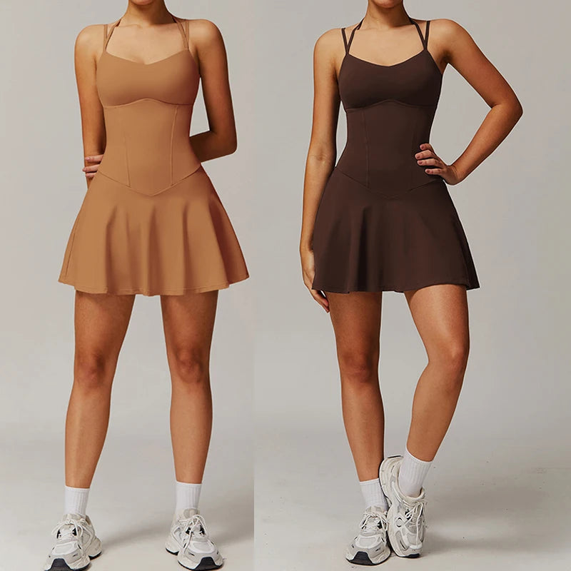 Womens Quick-Dry Sports Dresses Built Bra Sleeveless Backless Tennis Dress Ladies Workout Golf Skirts Athletic Skorts with Short