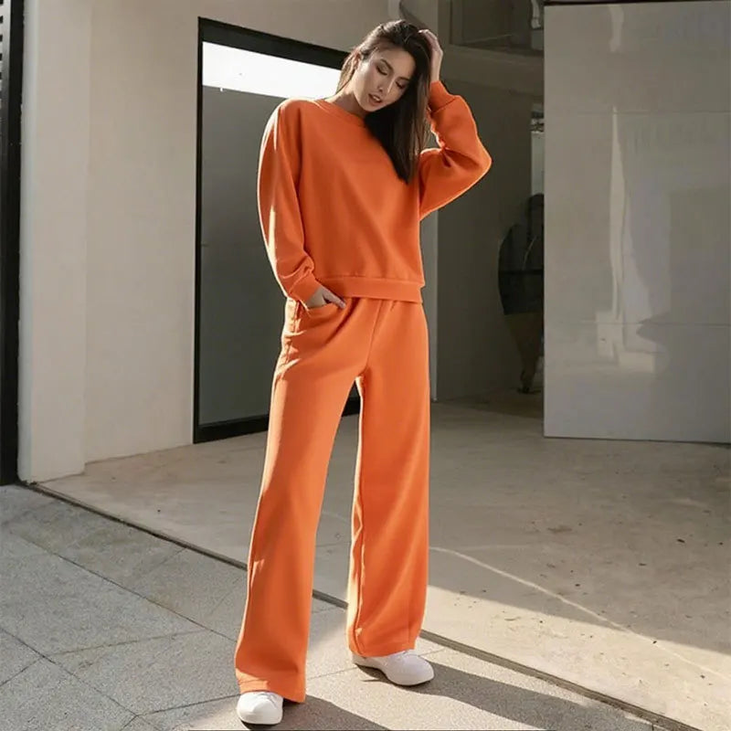 Fashionable Street Women's Sports Suit Casual Solid Color Round Neck Long-sleeved Loose Sweatshirt  Wide-leg Pants Two-piece Set