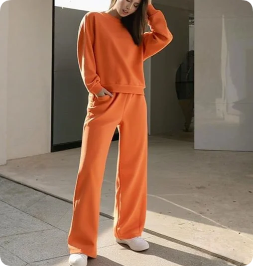 Fashionable Street Women's Sports Suit Casual Solid Color Round Neck Long-sleeved Loose Sweatshirt  Wide-leg Pants Two-piece Set