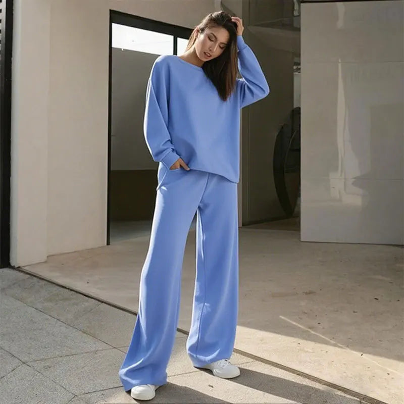 Fashionable Street Women's Sports Suit Casual Solid Color Round Neck Long-sleeved Loose Sweatshirt  Wide-leg Pants Two-piece Set