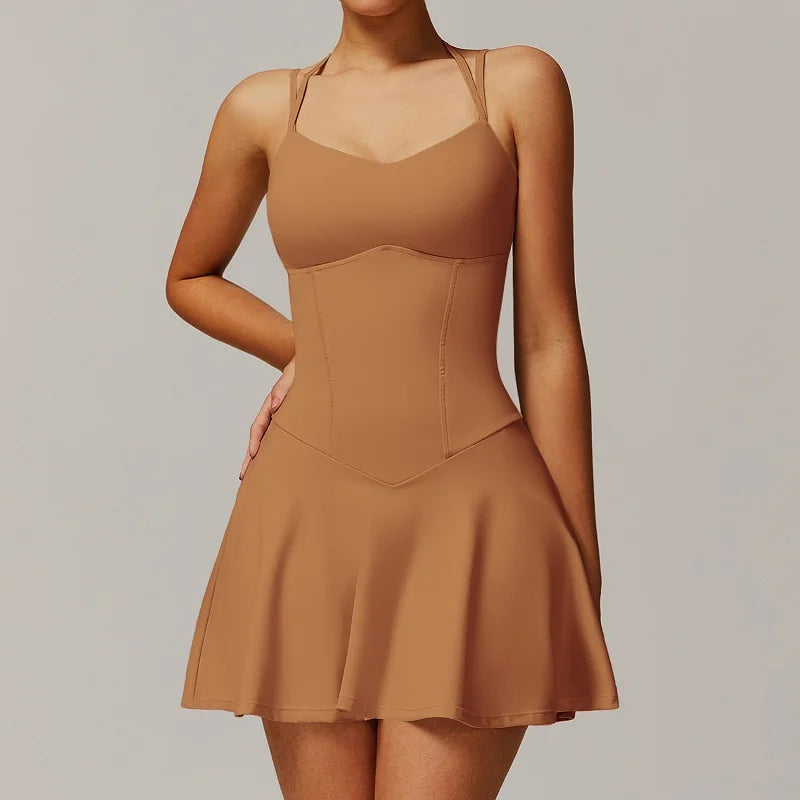 Womens Quick-Dry Sports Dresses Built Bra Sleeveless Backless Tennis Dress Ladies Workout Golf Skirts Athletic Skorts with Short