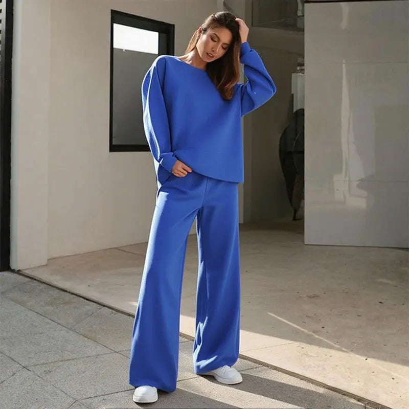 Fashionable Street Women's Sports Suit Casual Solid Color Round Neck Long-sleeved Loose Sweatshirt  Wide-leg Pants Two-piece Set
