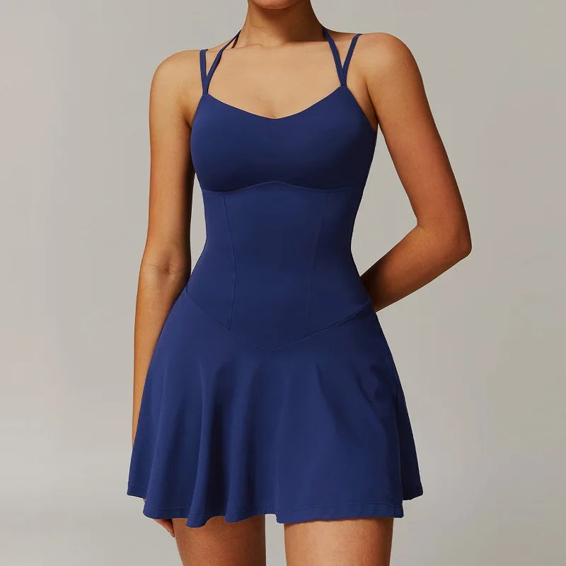 Womens Quick-Dry Sports Dresses Built Bra Sleeveless Backless Tennis Dress Ladies Workout Golf Skirts Athletic Skorts with Short