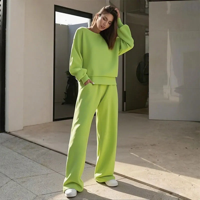 Fashionable Street Women's Sports Suit Casual Solid Color Round Neck Long-sleeved Loose Sweatshirt  Wide-leg Pants Two-piece Set