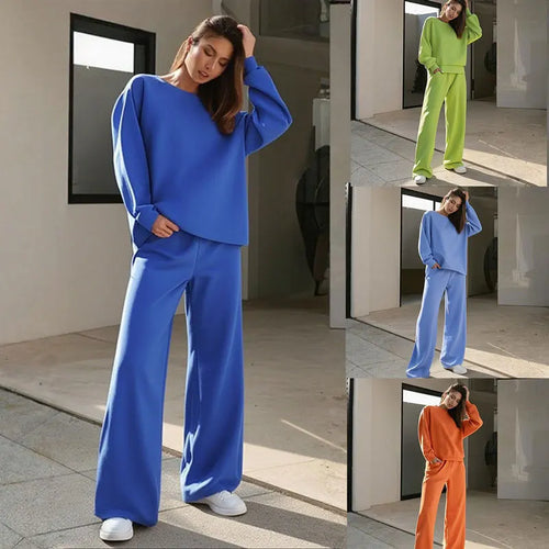 Fashionable Street Women's Sports Suit Casual Solid Color Round Neck Long-sleeved Loose Sweatshirt  Wide-leg Pants Two-piece Set