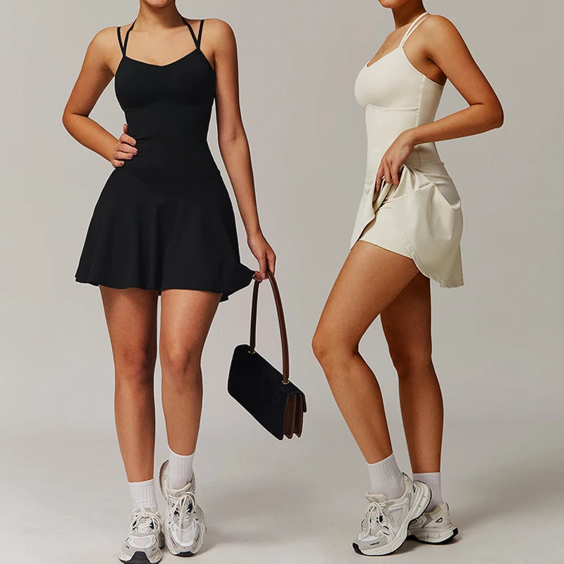 Womens Quick-Dry Sports Dresses Built Bra Sleeveless Backless Tennis Dress Ladies Workout Golf Skirts Athletic Skorts with Short